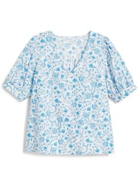 Draper James Cotton Heidi Top Blue Floral Print VNeck Puff Sleeve Blouse Size XL